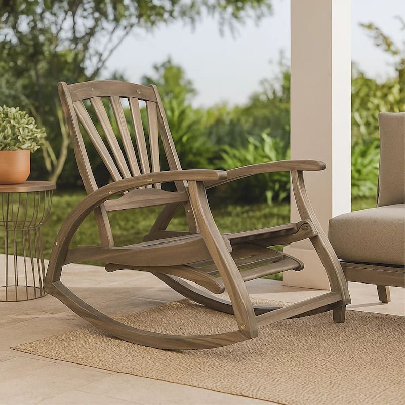 Rizz Outdoor Reclining Rocking Chair, Retractable Footrest, Brown Wood