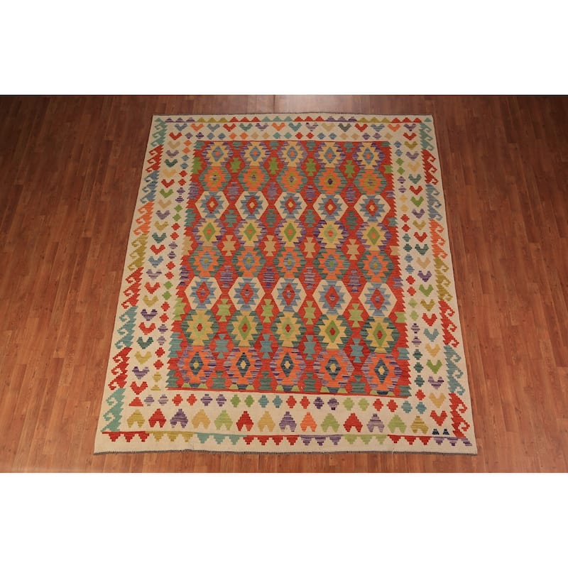 Reversible Kilim Area Rug Hand-Woven Oriental Orange Wool Carpet - 8'4" x 9'9"