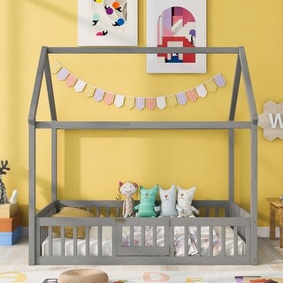 Twin/Full Wood House Bed with Fence & Roof - Enclosed Play Area for Kids
