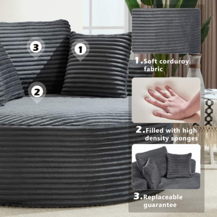 Round Memory Foam Sofa Bed, Cloud Sectional Couch with 3 Pillows for Living Room
