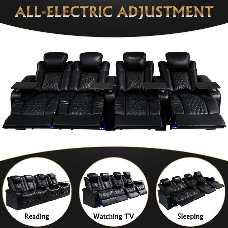Roomfitters 124.4" Power Recliner 4-Piece Set, Top-Grain Nappa Leather, 23-Color RGB LED & USB-C Charging, Black