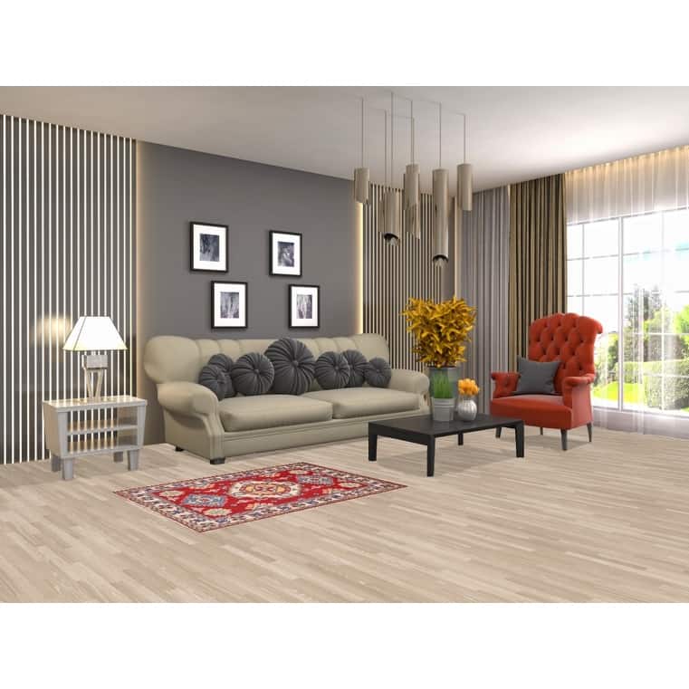 Red Geometric Kazak Pakistan Accent Rug Handmade Wool Carpet - 2'9" x 3'9"