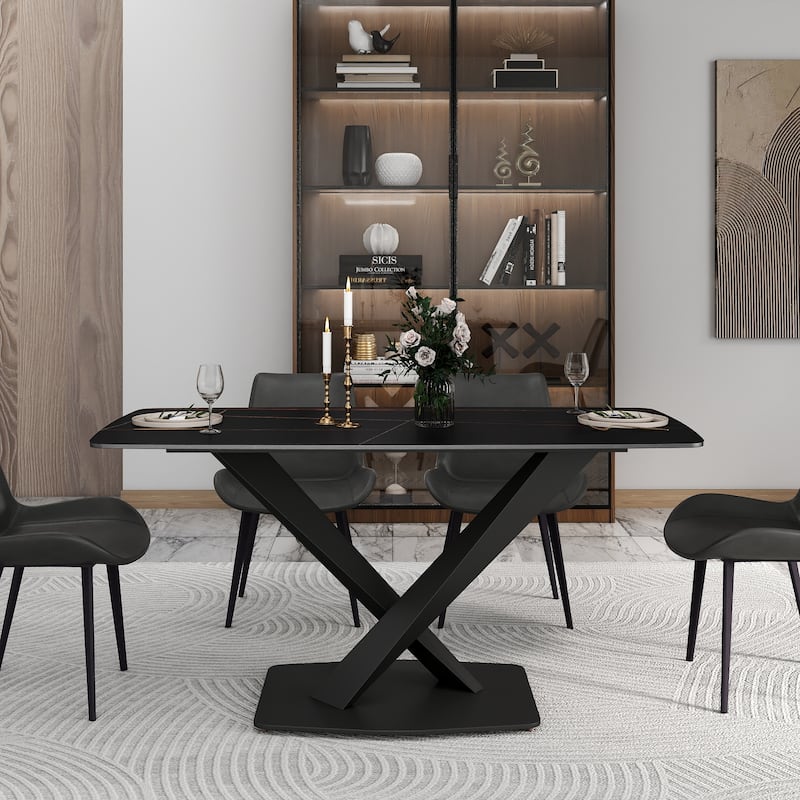 63" Dining Table Set for 6, Sintered Stone Dining Table with X-Shape Carbon Steel Pedestal for Kitchen Living Room
