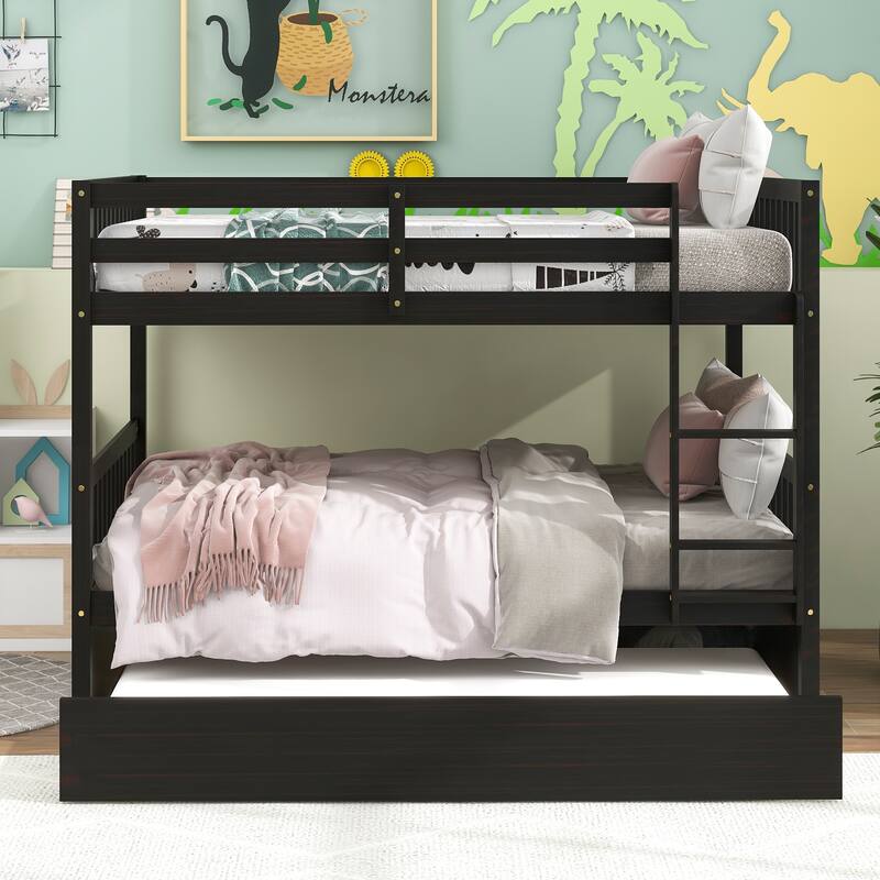 Full Over Full with Trundle, Convertible to 2 Full Platform Beds,Bunk Bed with Ladder and Safety Guardrails