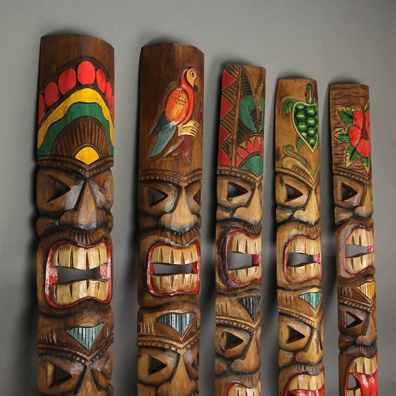 Zeckos Double Tiki Mask Totem Wall Decor Sculpture 40 Inch (Set Of 5)