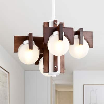 12" Tripner White Finish and Stained Wood Pendant Ceiling Lamp with Opaque Globes