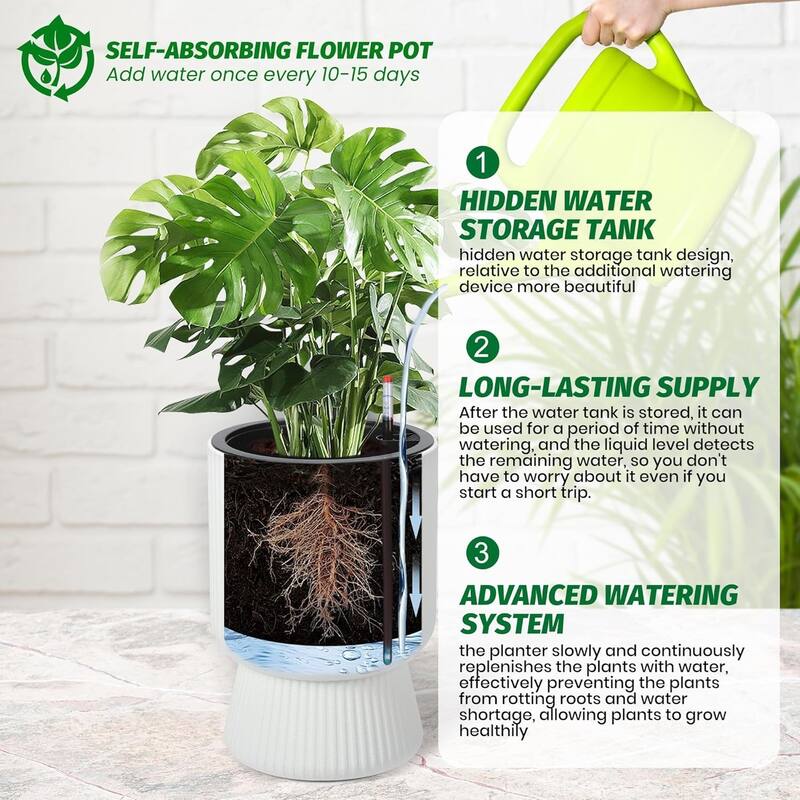Set of 2 Classic 14.2-in Tall Self-Watering Planters with Water Level Monitor for Indoor and Outdoor Use White