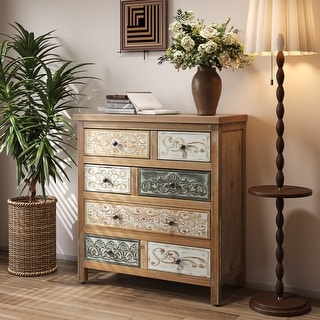 25.59" Vintage Wooden Multicolor Carved Storage 7 Drawers Dresser