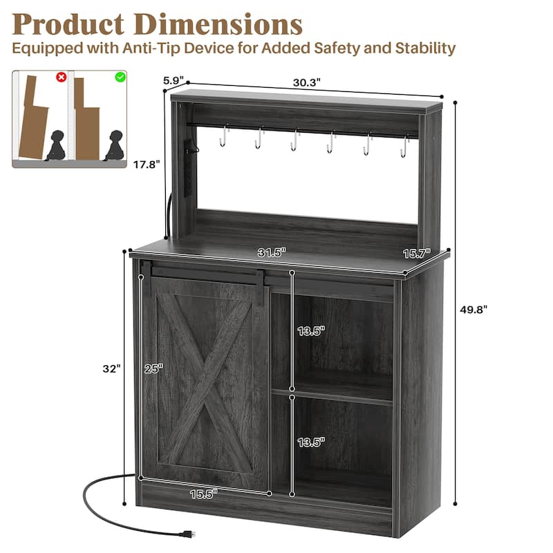Farmhouse Wine Bar Cabinet with Barn Door & Charging Station,Sturdy Buffet Coffee Bar Cabinet with LED Lights & Hutch