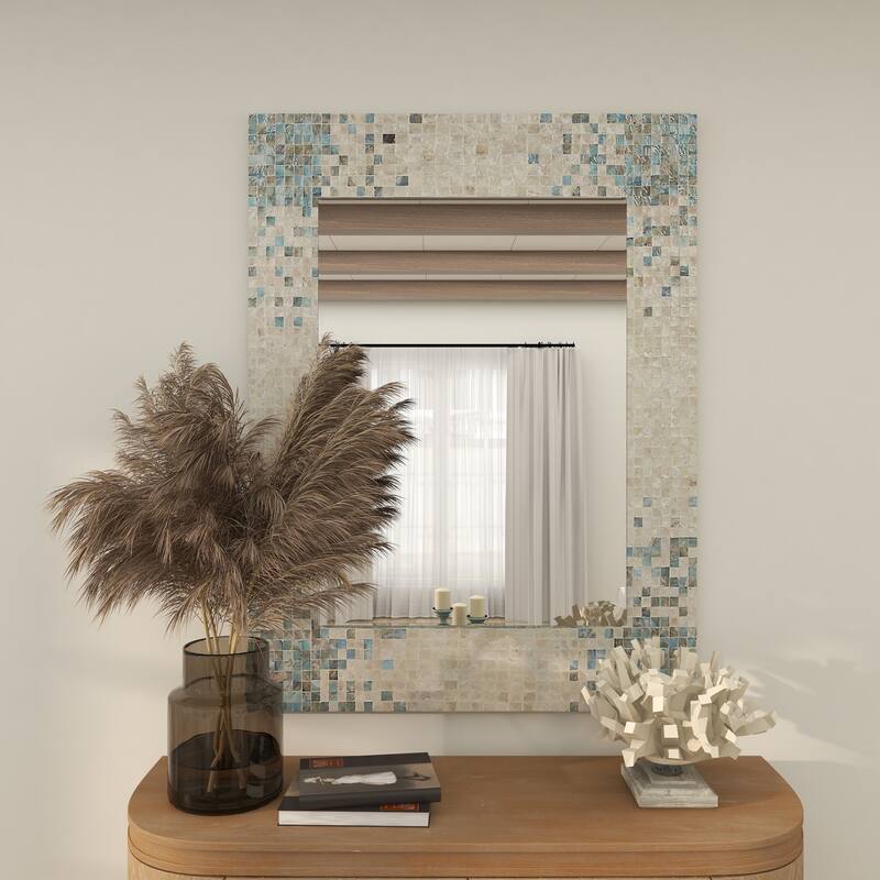Cream Mother of Pearl Shell Handmade Mosaic Room Wall Mirror with Blue Corners