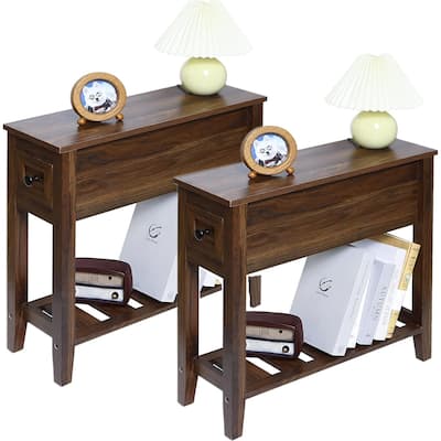 2 Pack Chairside Narrow End Table with Drawer, Solid Recliner Side Table Nightstand 24"D x 8.5"W x 24"H
