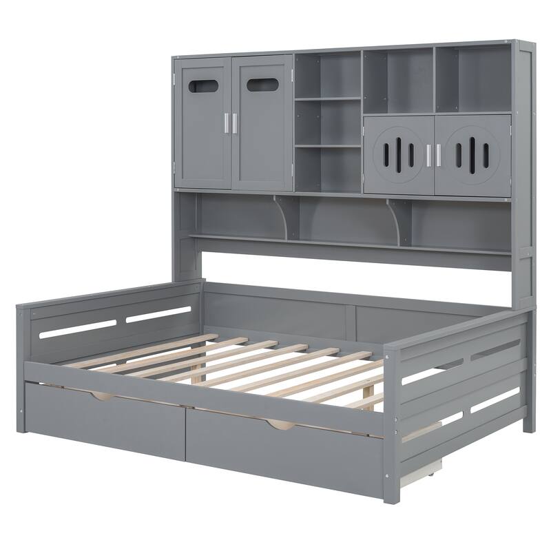 Contemporary Twin/Full Size Wooden Daybed with 2 Storage Drawers, Cabinet, and Shelf - Solid Wood Slats