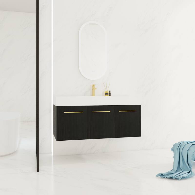 47-Inch Modern Bathroom Vanity with Resin Sink, Soft-Closing Hinges, Eco-Friendly Plywood Base, Black Chestnut Finish