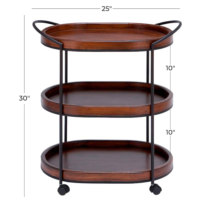 Wood Rolling Oval 3 Shelf Bar Cart with Black Metal Frame - Brown - Roche River Decor - 16"W x 25"L x 30"H
