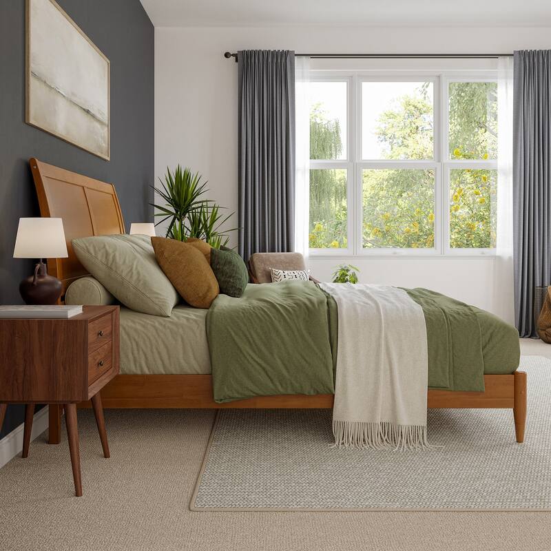 Solid Wood Low Profile Sleigh Bed - Platform Bed Frame, Light Toffee Finish, Modern Bedroom Furniture