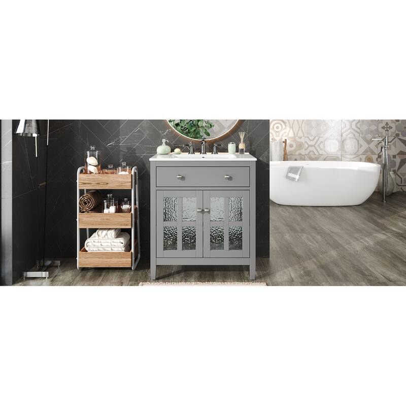 30" Bathroom Vanity with Ceramic Sink, Adjustable Shelf and Tip-Out Tray,Soft Close Hinges
