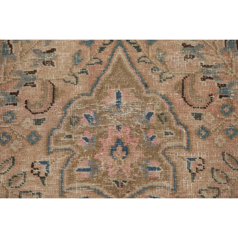 Distressed Pink Mashad Persian Antique Rug Hand-Knotted Wool Carpet - 9'8" x 12'5"