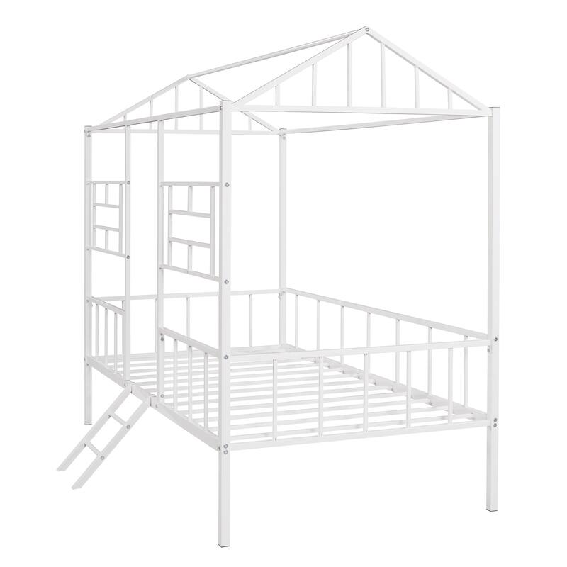 Twin Size Metal House Bed Frame with Slatted Support No Box Spring Needed for Kids, Bedroom