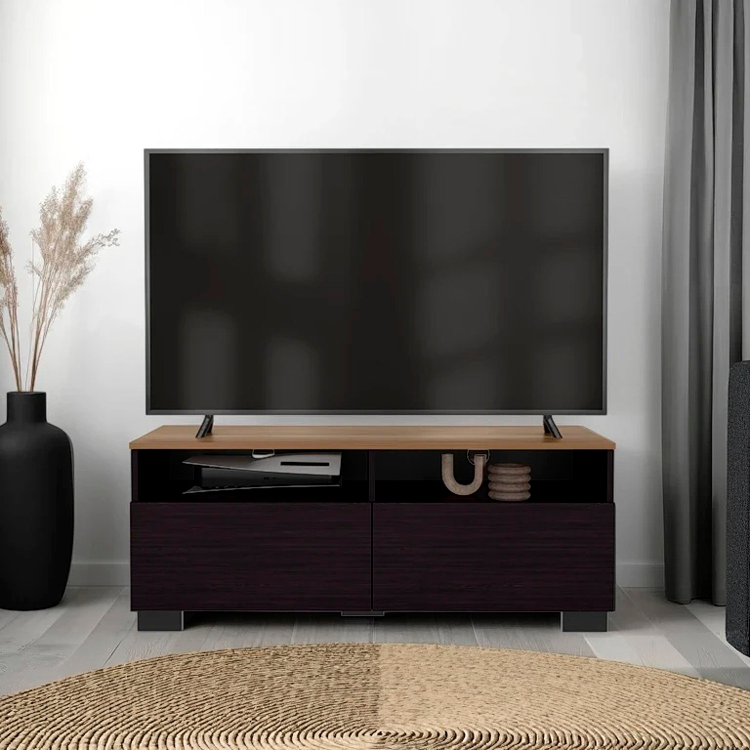 Modern TV Stand with Open Shelves and Compact Profile, Minimalist Media Console for Living Room or Bedroom