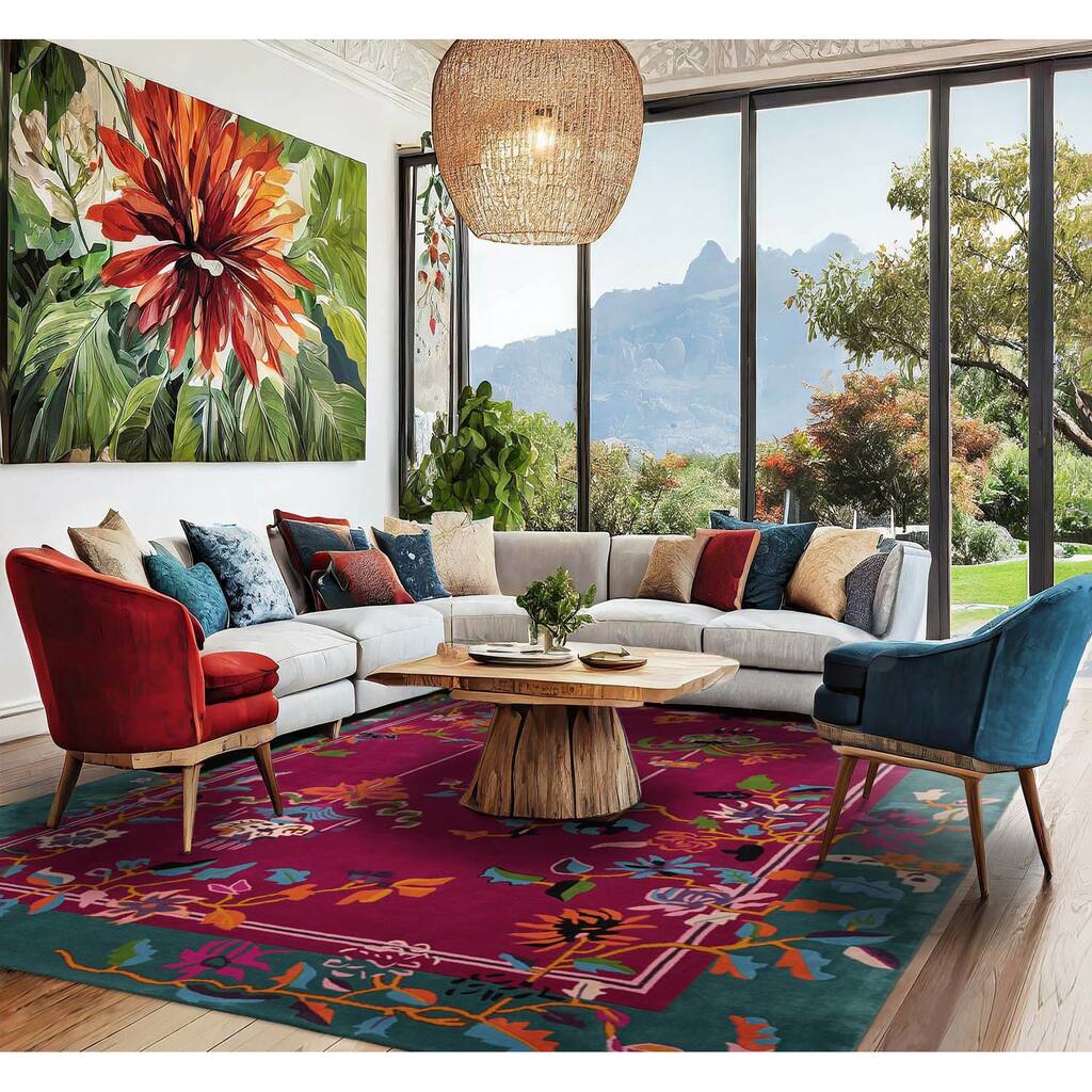 Fuschia Traditional Chinese Art Deco Wool Area Rug 9x12 Hand Tufted - 9' 3'' x 12' 2''