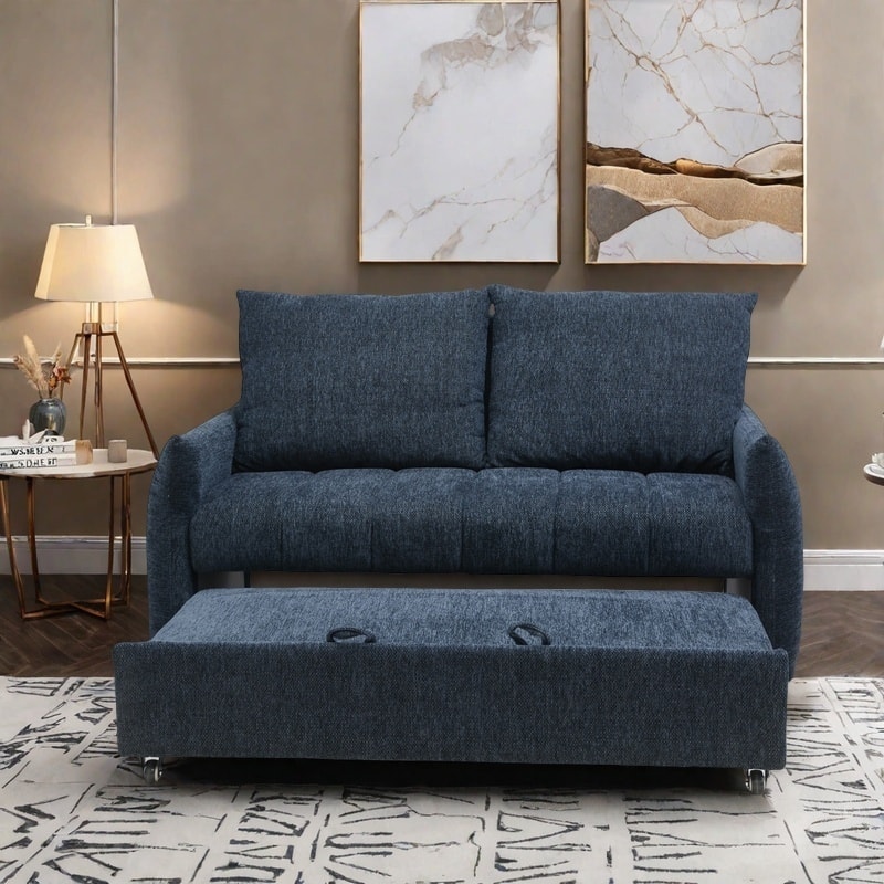 Loveseat Convertible Pull-out Sleeper Sofa Bed, Adjustable Backrest Futon Couch Sleeper Recliner Sofa Couch for Living Room - Navy