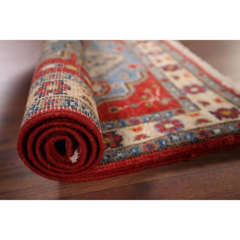 Blue Geometric Kazak Foyer Rug Handmade Traditional Wool Carpet - 2'1" x 2'11"