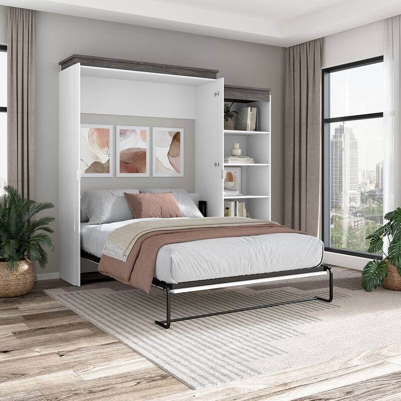 Orion Queen Murphy Bed with Shelves (97W) by Bestar - White & Walnut grey