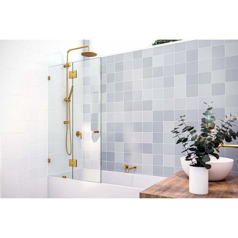 Glass Warehouse 58.25" x 34" Frameless Shower Bath Door - Glass Hinge - Satin Brass