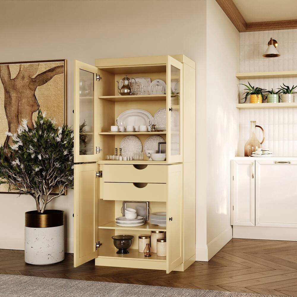 Palace Imports 100% Solid Wood Pantry Cabinet, Shaker & Clear Glass Doors, 2 Drawers, Adjustable Shelves, 32" Wide, 71.5" Tall