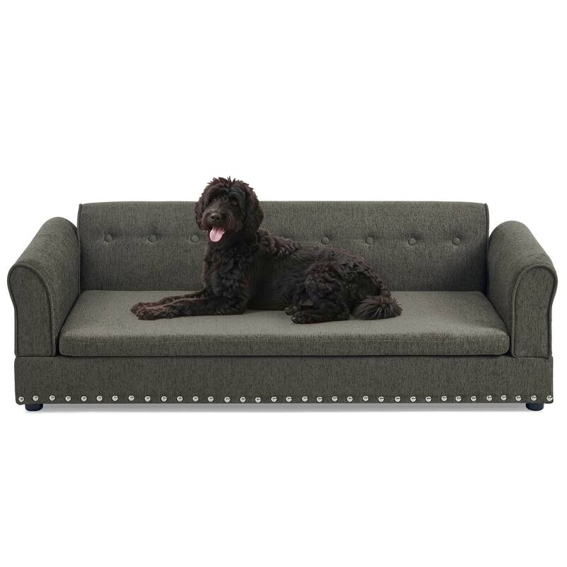 Oversized Pet Sofa, Elegant Modern Linen Fabric Elevated Dog Sofa Bed, Oversized Rectangular Pet Bed with Backrest & Armrest