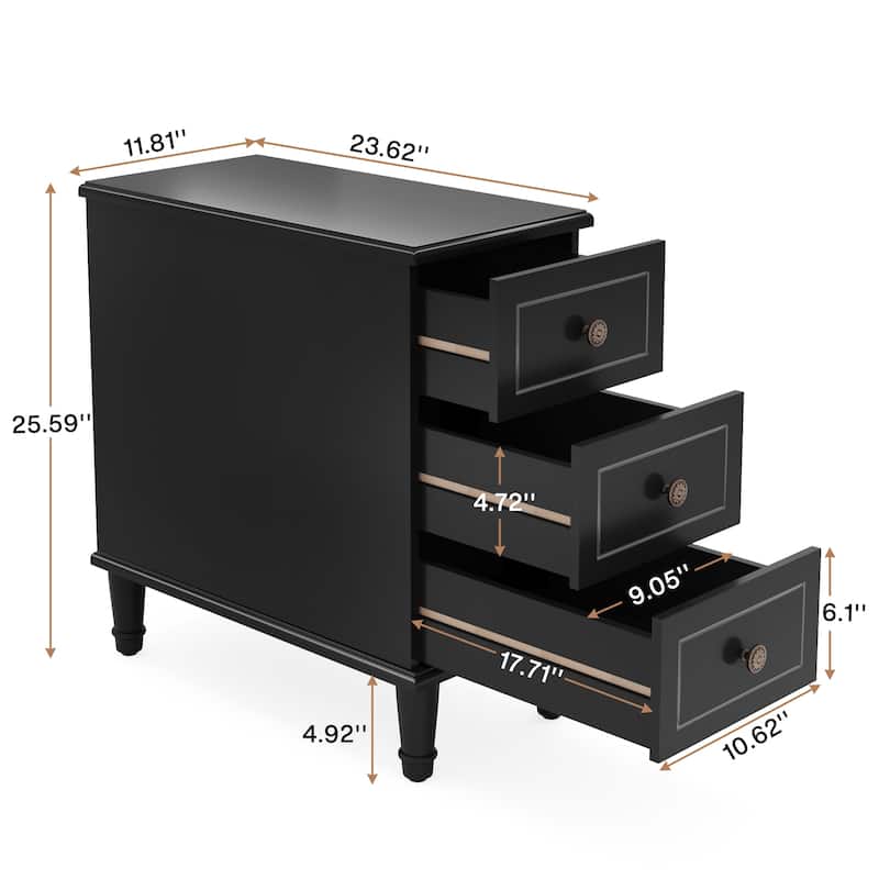 Fully Assembled Narrow End Table, Solid Wood Side Table with 3 Drawers, Vintage Nightstand Slim Bedside Table for Small Spaces