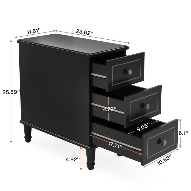 Wood End Table, Fully Assembled Narrow Side Table with 3 Drawers