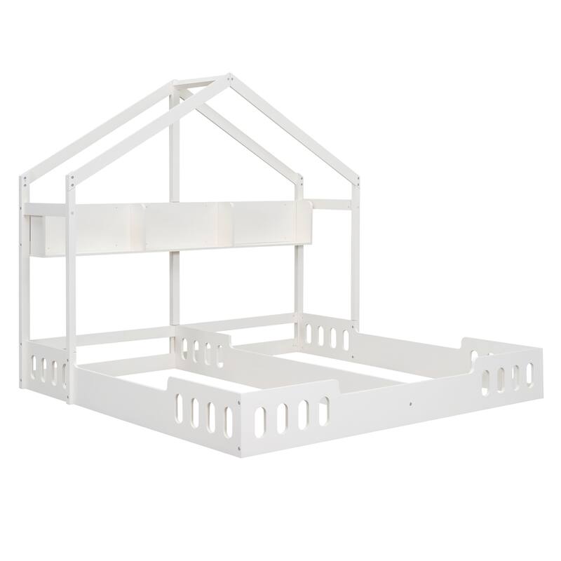 Roomfitters Wood Twin Size House Platform Beds with Two Shared Frames, Shelves and Guardrail, White