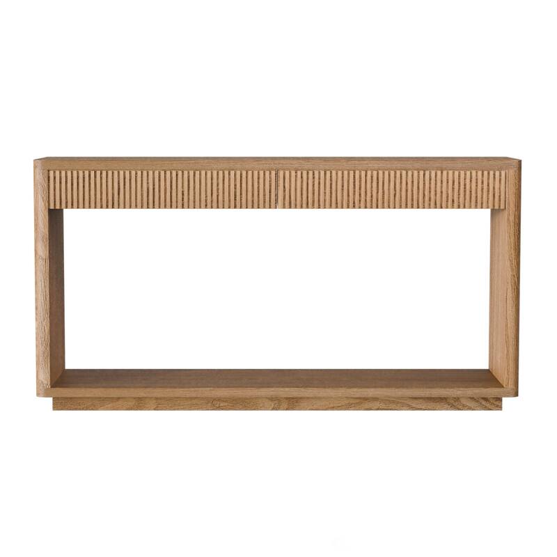 60" Modern 2-Drawer Fluted Console Table Natural Wood Veneer Sofa Table Behind Couch Table for Living Room, Hallway, Entryway