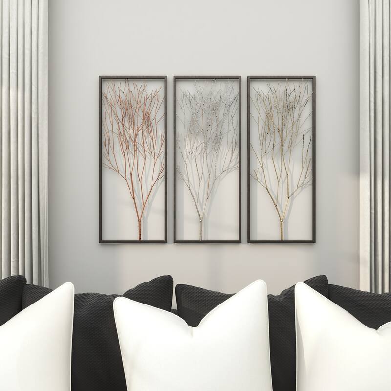 Black Metal Branch Tree Home Wall Decor with Metallic Copper, Silver, and Gold (Set of 3)