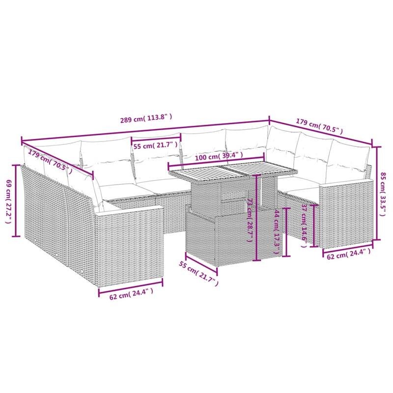 vidaXL Patio Sofa Set with Cushions Outdoor Furniture 11 Piece Poly Rattan - 24.4 x 24.4 x 27.2