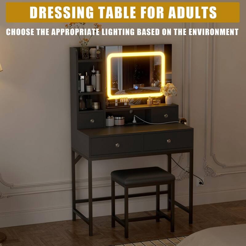 Makeup Vanity with Mirror and LED Lights, Charging Station, 4 Drawers, Shelves, Stool