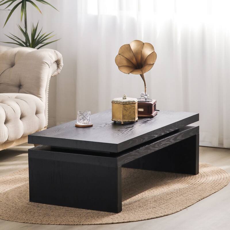 47.6" Modern Black Coffee Table, Rectangle 2-Tier Storage with Wood Grain for Living Room & Home Office
