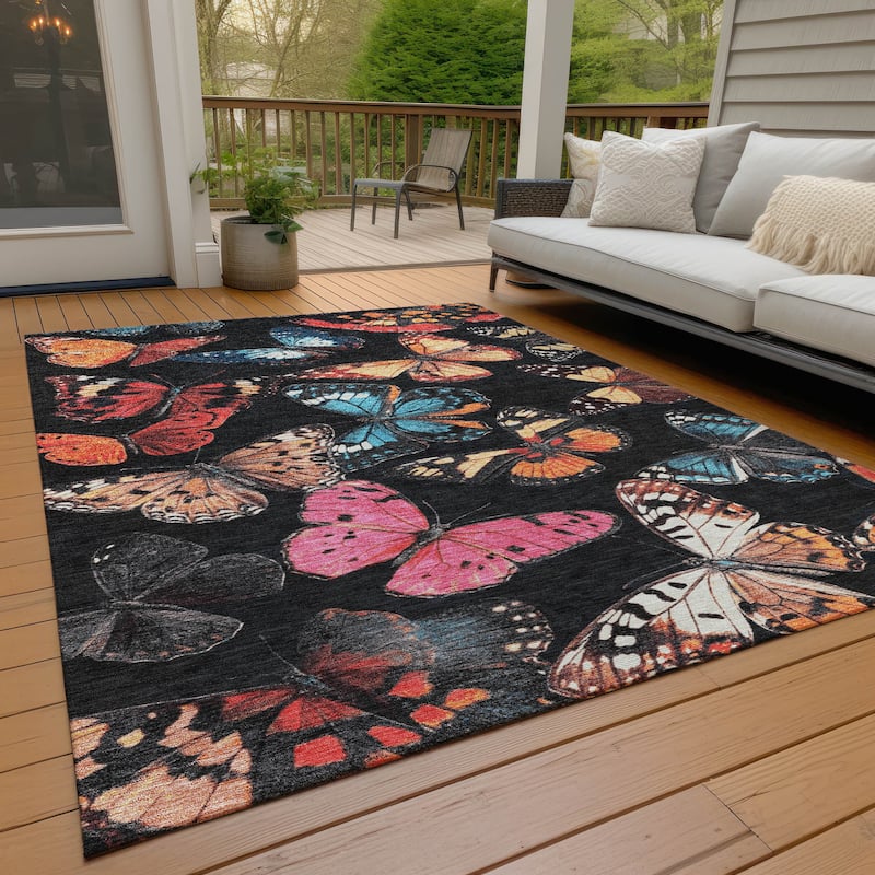 Machine Washable Indoor/Outdoor Butterflies Chantille Rug - Black - 5' x 7'6"