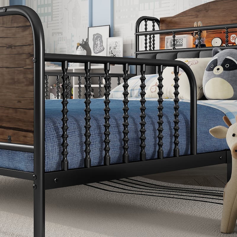 Kids Platform Bed Metal Frame with Linen Fabric Upholstered Storage Headboard Built-in Light Strip, Both Sides Rails