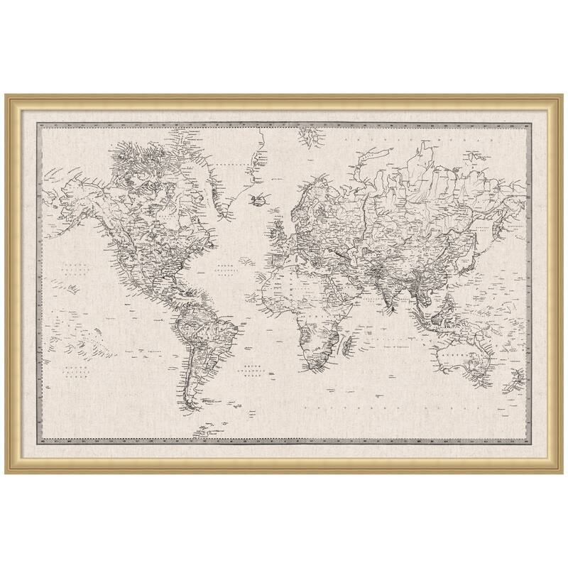 Kate and Laurel Framed Fabric Pinboard Vintage Black and White Linen World Map Wall Organization - 38 x 26 - Gold