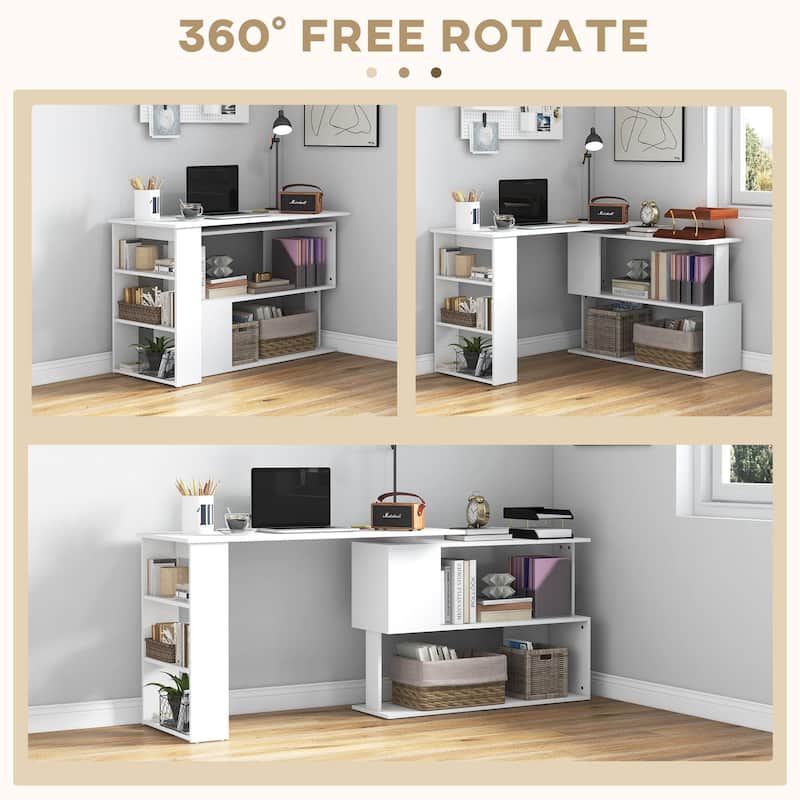 HOMCOM 360° Rotating L-Shaped Corner Desk: White, with Storage Shelves