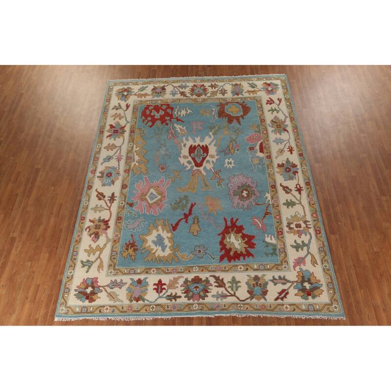 Light Blue Oushak Oriental Area Rug Handmade Floral Wool Carpet - 9'0"x 11'10"
