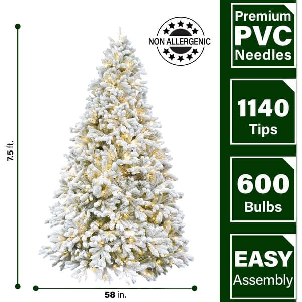 Fraser Hill Farm 7.5-ft. Green Christmas Half Tree with Flock and Warm White LED Lighting - Snow