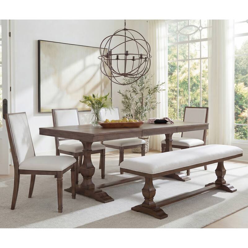 6-pieces Farmhouse Dining Table for 6, 74.8" Kitchen Table Set with 4 Chairs and Bench, Solid Wood Legs and Cushion Seat - Bench & ChairAB