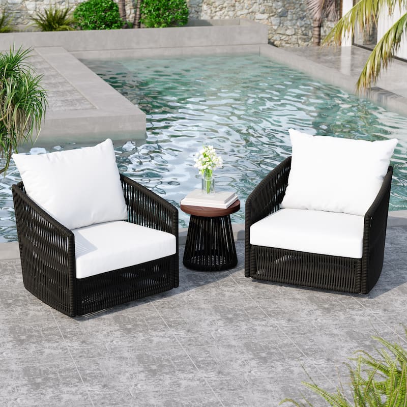 3 Piece Patio Woven Rope Swivel Chair Seating Group with Cushions