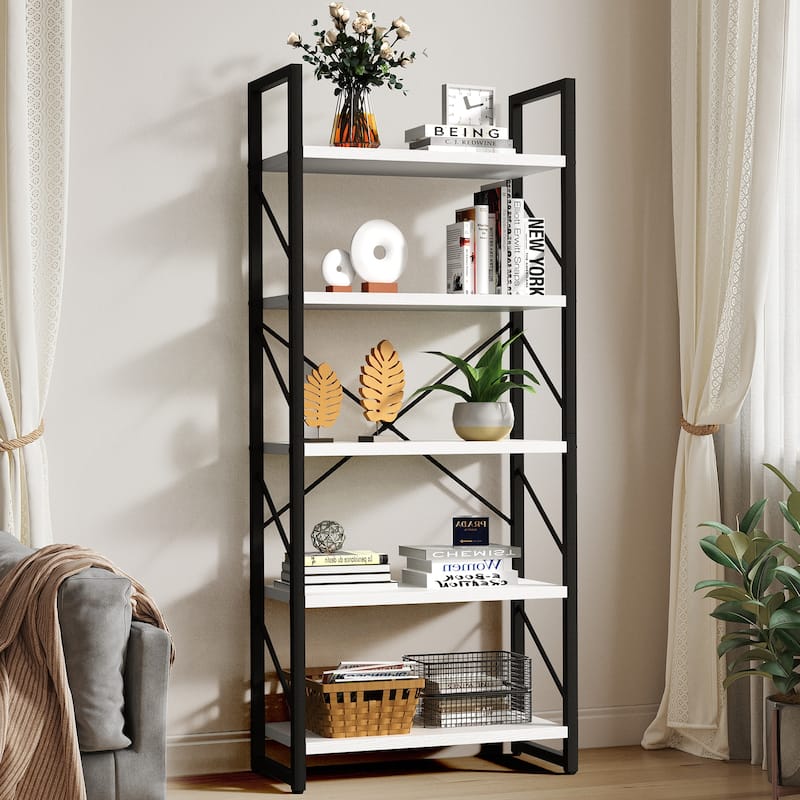 Roul Wood 5 Tiers Bookshelf Modern Bookcase Storage Rack Shelves - White/Black
