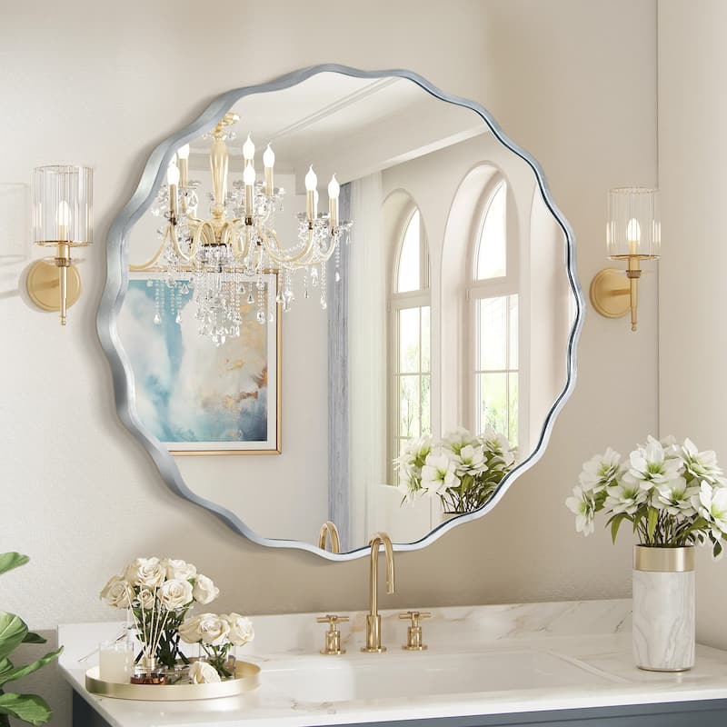 Aluminum Alloy Framed Wavy Round Wall Mirror - 23.5x23.5 - Silver