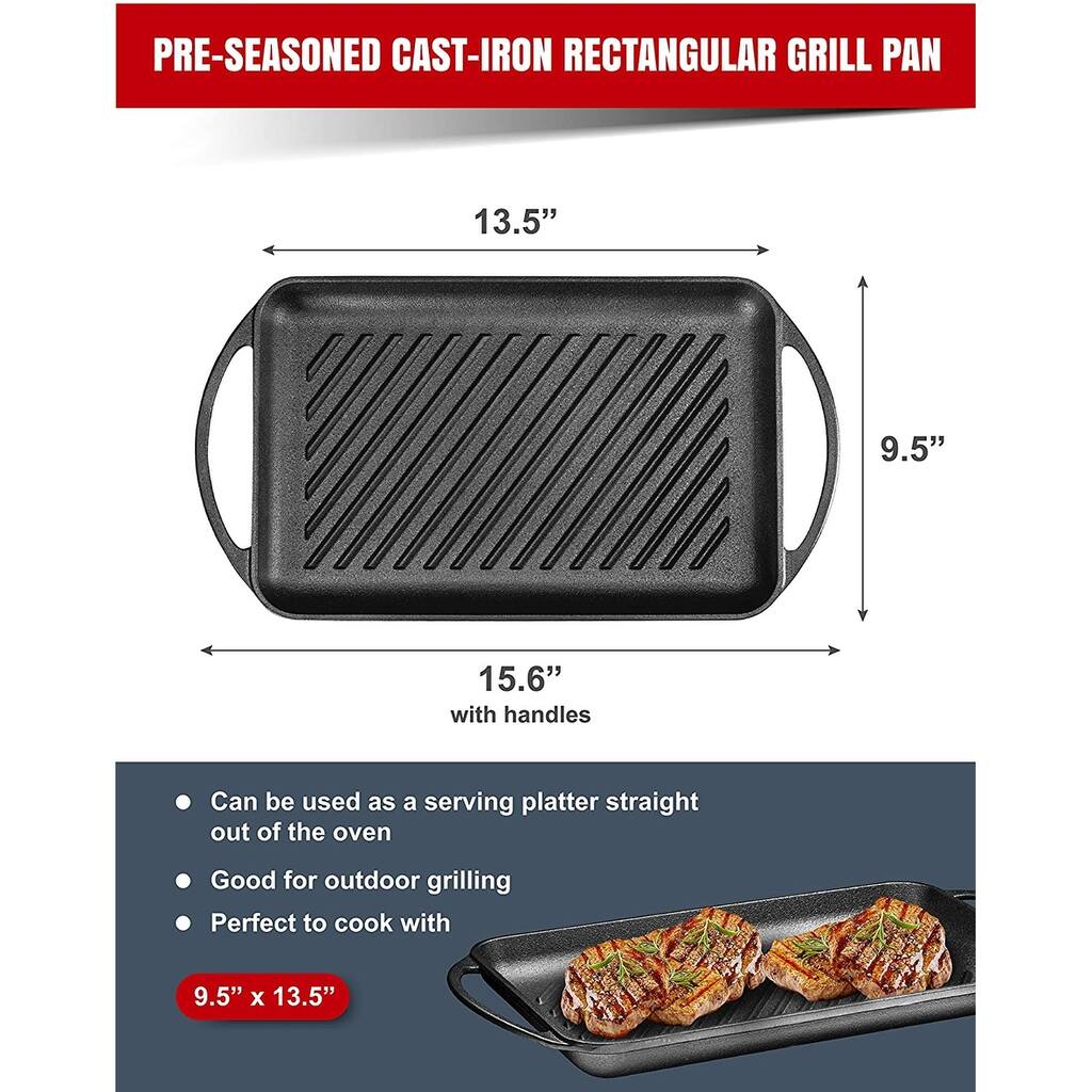 Enameled Cast Iron Rectangular Grill Pan with Loop Handles
