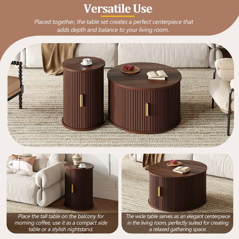 2-Piece Mid-Century Round Coffee Table Set with Sliding Doors and Storage for Stylish Living Room Organization
